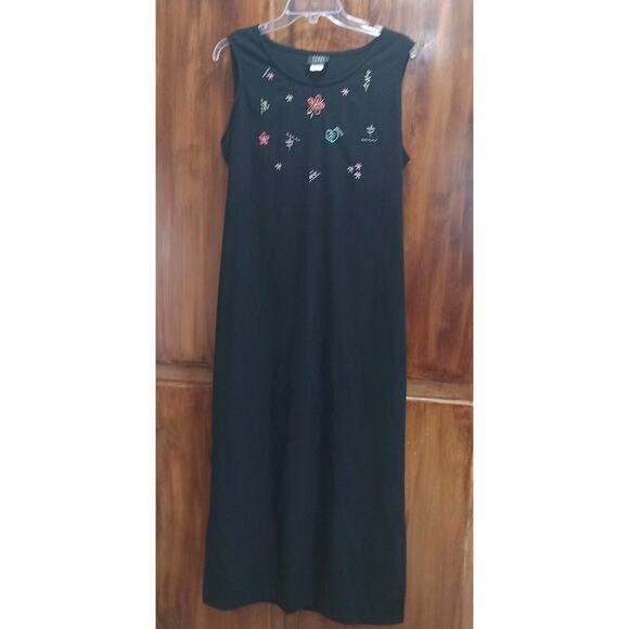 Vintage Teddi Floral Embroidered Black Sleeveless Maxi Dress Women's L 14 Crepe - Picture 1 of 16